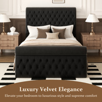 Lit de sommeil élégant à boutons avec dossier capitonné pleine largeur et sommier haut de gamme arrondi pour suites d'hôtes de type boutique