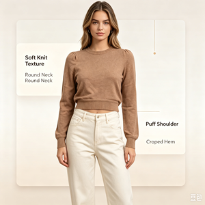 Pull-over décontracté beige en maille fine de haute qualité Janis Undefined, personnalisable, à manches longues, OEM & ODM, pour l'automne - Product Image 6