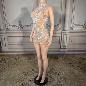 ZD女式优雅珍珠不对称高领紧身短裙性感3D图案半透明舞会服装生日派对 - Product Image 4