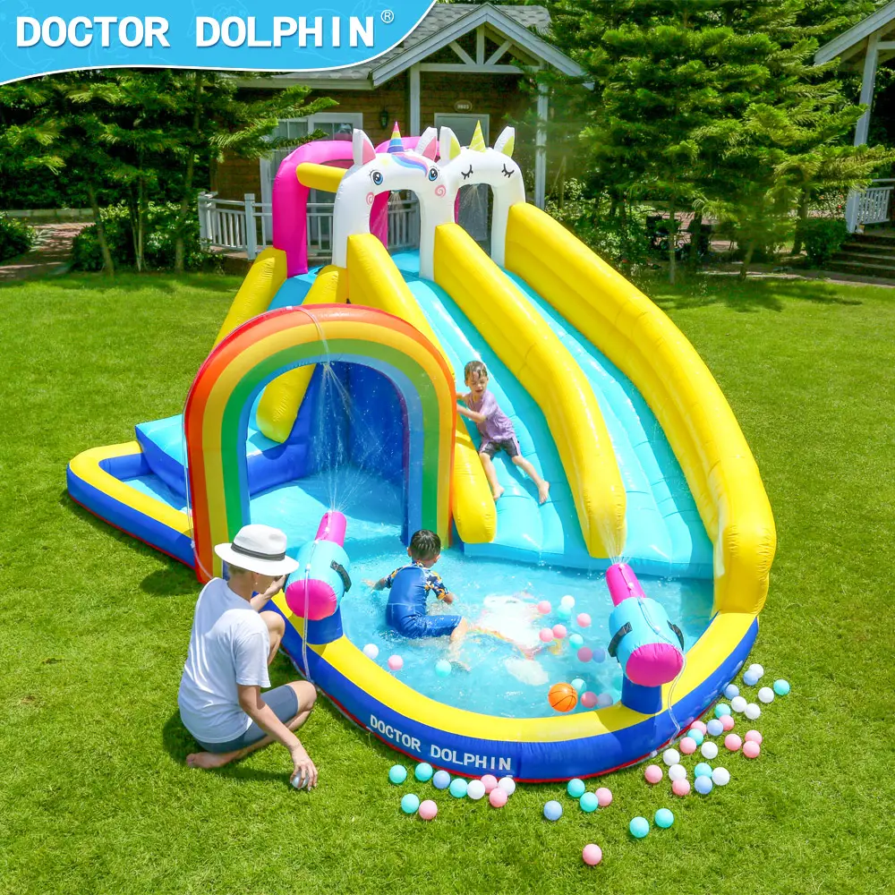 Médico dolphin novo produto da moda crianças, unicórnio macio jogar bola playterrâneo casa bounce castelo inflável água slide