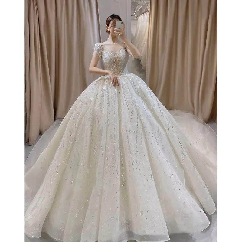 W64 - Vestido de noiva de lantejoulas luxuoso e elegante francês, vestido de baile de casamento para princesa e tribunal, com trem grande, 2024