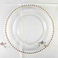 Assiettes de Présentation en Verre Transparent de 13 Pouces avec Incrustations Dorées et Perles, Écologiques, Vente en Gros Usine, pour Décorations de Mariage de Luxe, Logo Personnalisé