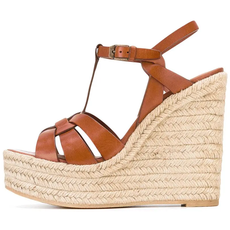 Support OEM/ODM super high hemp rope buckle strap rubber bottom platform chunky wedge heel sandals