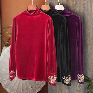 Velvet Turtleneck Long Sleeve <b>Top</b> Women Embroidered <b>Patchwork</b> Soft Base Layer Autumn Winter Fashion Shirt Black Red Purple - Product Image 2