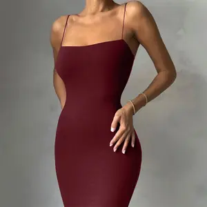 Gaun kasual tanpa lengan untuk wanita, Gaun Midi dewasa rajut alami sederhana warna polos Slip seksi mode tanpa lengan musim panas untuk wanita