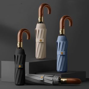 Parapluie automatique pour les trajets quotidiens et les voyages, diamètre de la baldaquin max. 125 cm, 10 baleines, structure en fibre de verre, revêtement noir UPF50, poignée en bois - Product Image 1