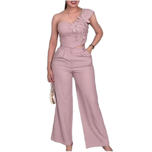 Ensemble deux pièces rose clair pour femme avec broderie florale, pantalon large, tenue élégante respirante printemps/été - Product Image 3