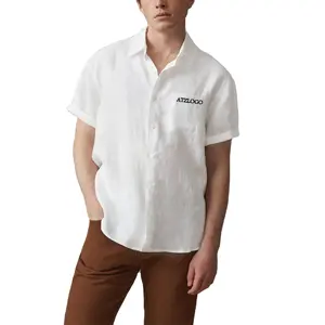 Nossa fábrica aceita estilo personalizado manga curta de lapela de alta qualidade casual simples algodão e linho camisas masculinas