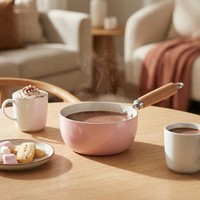 Casserole en acier au carbone 1,5 L rose avec poignée en bois, couvercle en verre, revêtement antiadhésif pour cuisinière à gaz et à induction