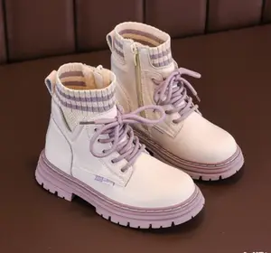 女孩休闲宽松靴子滑倒儿童切尔西踝靴多彩平台儿童冬季保暖工作短靴