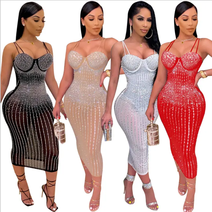 Newest High Quality Black Women Bandage Dress Sexy Spaghetti Strap Beaded Rhinestone Bodycon See Through Dress Club Party Dress