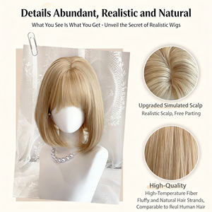 Perruque pour <span class=keywords><strong>femme</strong></span> en fibre synthétique haute température, coupe bob courte blonde ondulée, franges légères, effet naturel, bonnet en maille semi-élastique - Product Image 3