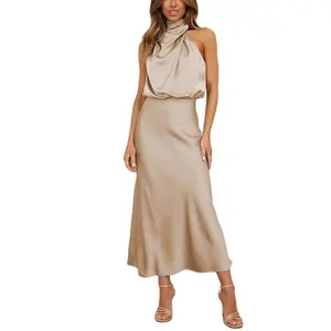 Vrouwen Zomer Satijn Sexy Lange Jurk Effen Kleur Mode Mouwloze Halter Vrouwelijke Casual Elegante Midi Maxi Jurk 2023 Feest