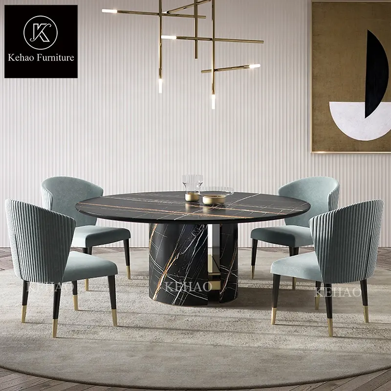 Benzersiz yuvarlak tasarım paslanmaz çelik taş taban yemek odası masa yüksek kalite yuvarlak mermer granit üst yemek masası seti