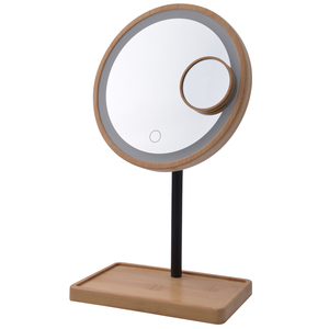 Top bán cổ điển Tabletop LED thắp sáng tre trang điểm gương cảm ứng chuyển đổi cơ sở bằng gỗ lưu trữ khay 3x Magnifying thiết kế - Product Image 2