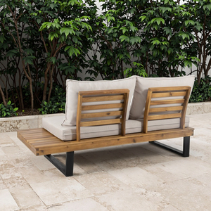 2-Seater Wooden <b>Sofa</b> Set Right Side Outdoor <b>Sofa</b> Beige Cushions Acacia Wood Frame Black Metal Legs for <b>Hotel</b> Villa Use - Product Image 3
