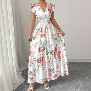 Vestido Maxi de <span class=keywords><strong>Verano</strong></span> para <span class=keywords><strong>Mujer</strong></span>, Estilo Vintage, Elegante, Transpirable, Estampado Floral, Corte en A, Sin Mangas, Cuello en V, con Volantes, Natural - Product Image 4