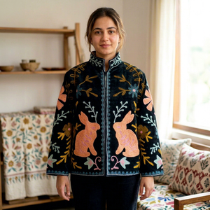 <b>Velvet</b> Embroidered Stand Collar Full Sleeve Bomber <b>Jacket</b> for <b>Women</b> Eco-Friendly Breathable All Season Outerwear - Product Image 1