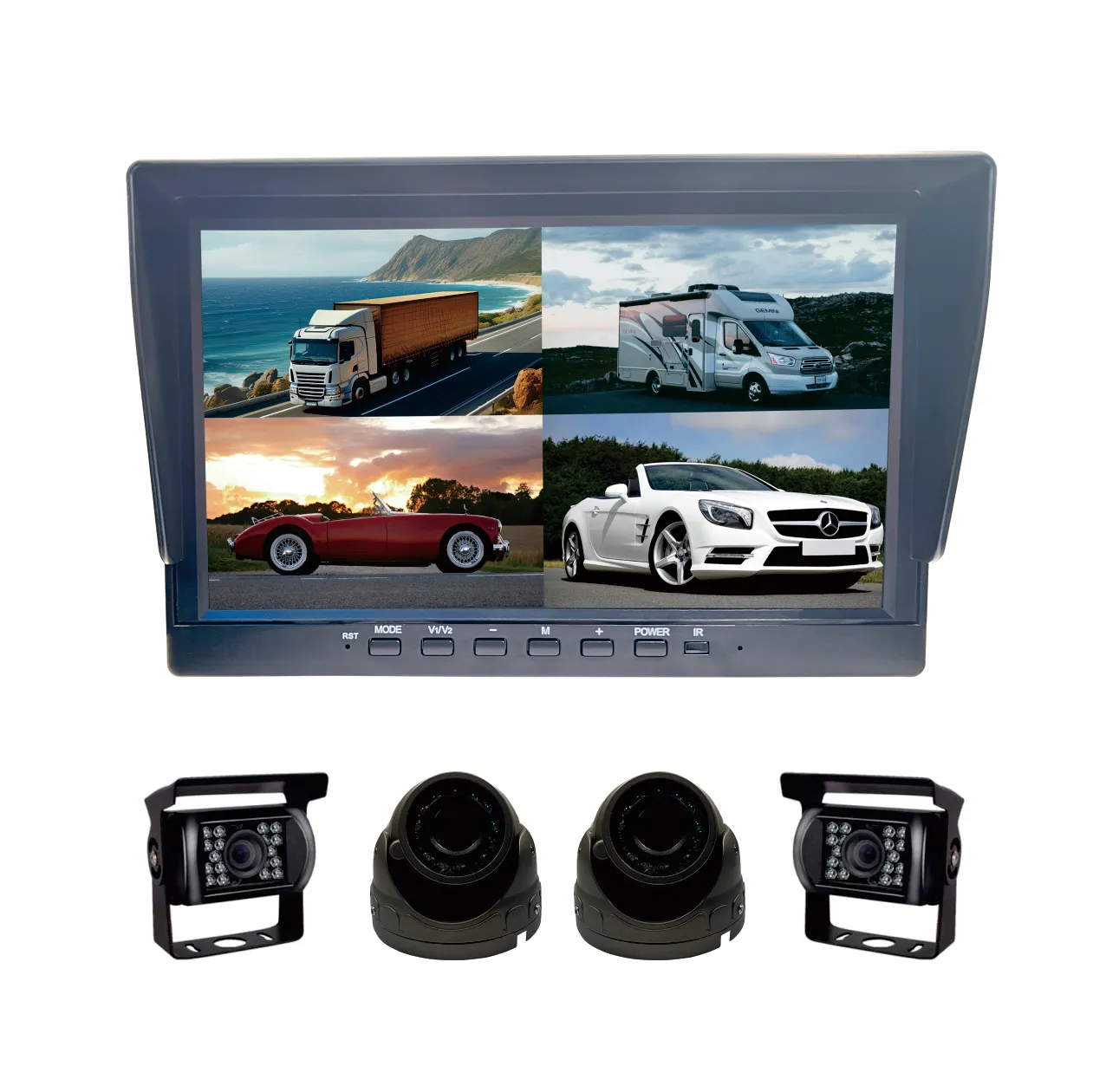 10 inch HD quad screen with 1080P or 720P night vision waterproof inside dash camera system for bus travel and school buses