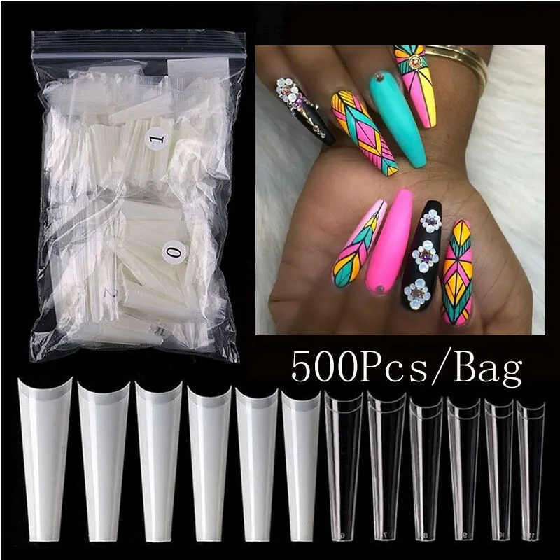 500 teile/paket XXL Denim-Spitze Halbe Abdeckung Französische Acryl-Fingernägel Künstliche Fingernägel Set Falsche Nägel Kunst-Tipps
