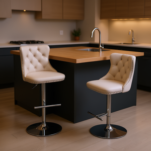 Tabourets de bar modernes en velours beige capitonnés, hauteur réglable de 25 à 33 pouces, base chromée, ensemble de 2 meubles de bar rembourrés - Product Image 2