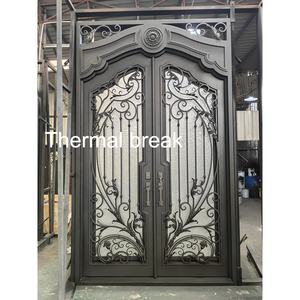 Pintu gerbang besi foto Modern mewah kustom desain pintu besi tempa logam eksterior Perancis besi kaca pintu masuk depan - Product Image 1