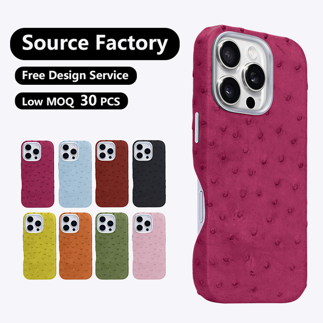 Handcrafted Custom Full-Grain Ostrich Skin Real Leather Cell Phone Case for iPhone 15 16 17 Pro Max Plus Air