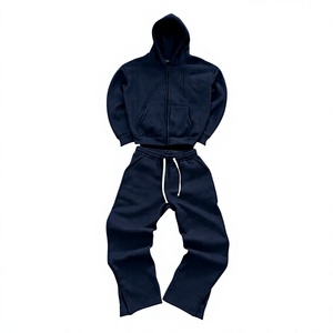 Survêtement unisexe bleu marine à capuche, manches longues, couleur unie, sweat-shirt décontracté, pantalon à taille élastique, respirant, poids moyen, pour le jogging - Product Image 1
