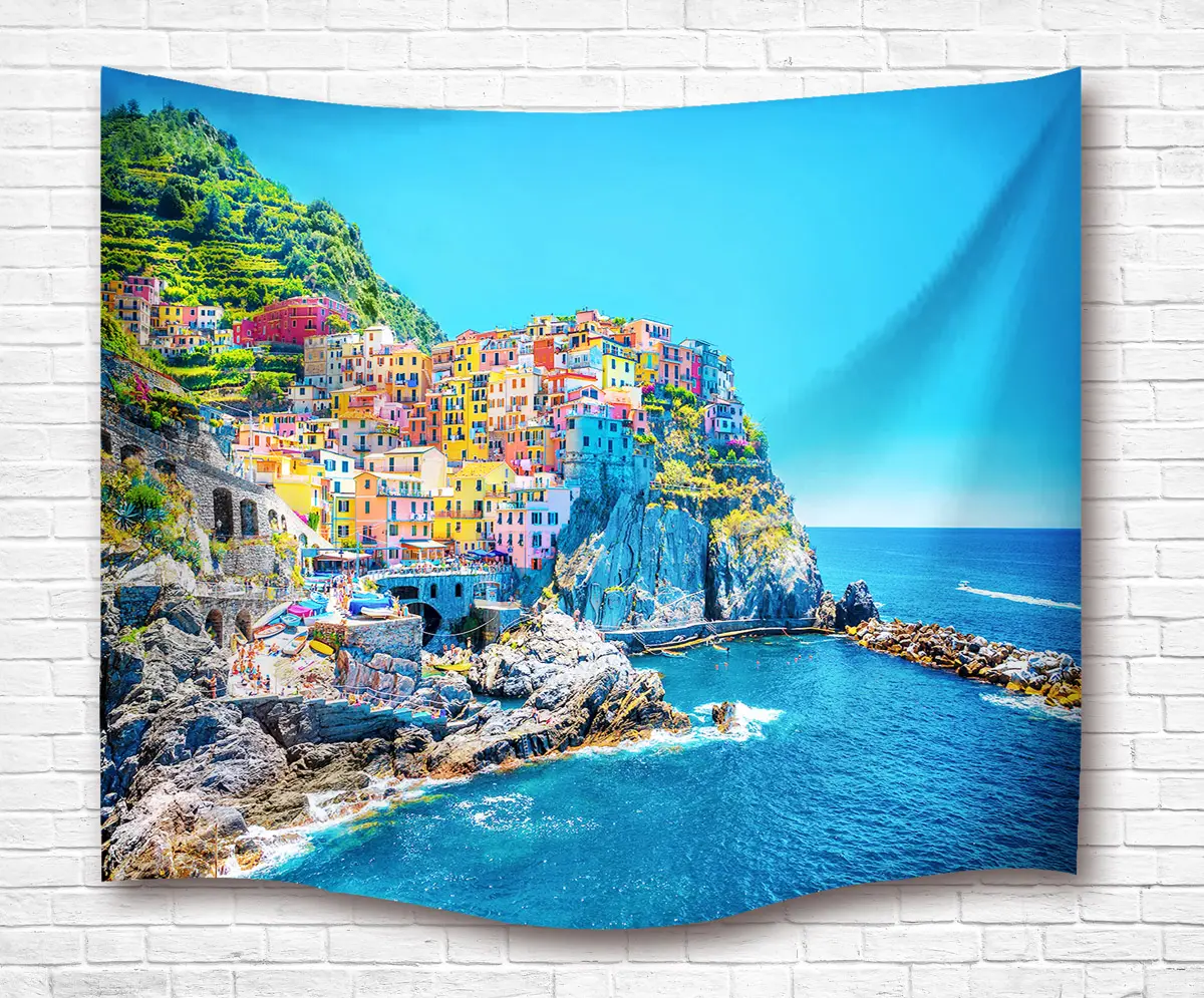 Mediterranean Sea Traditional Italian Design Cliff Coastline View Mountains Wall Hanging Bedspread Wall Decor Wall Tapestry