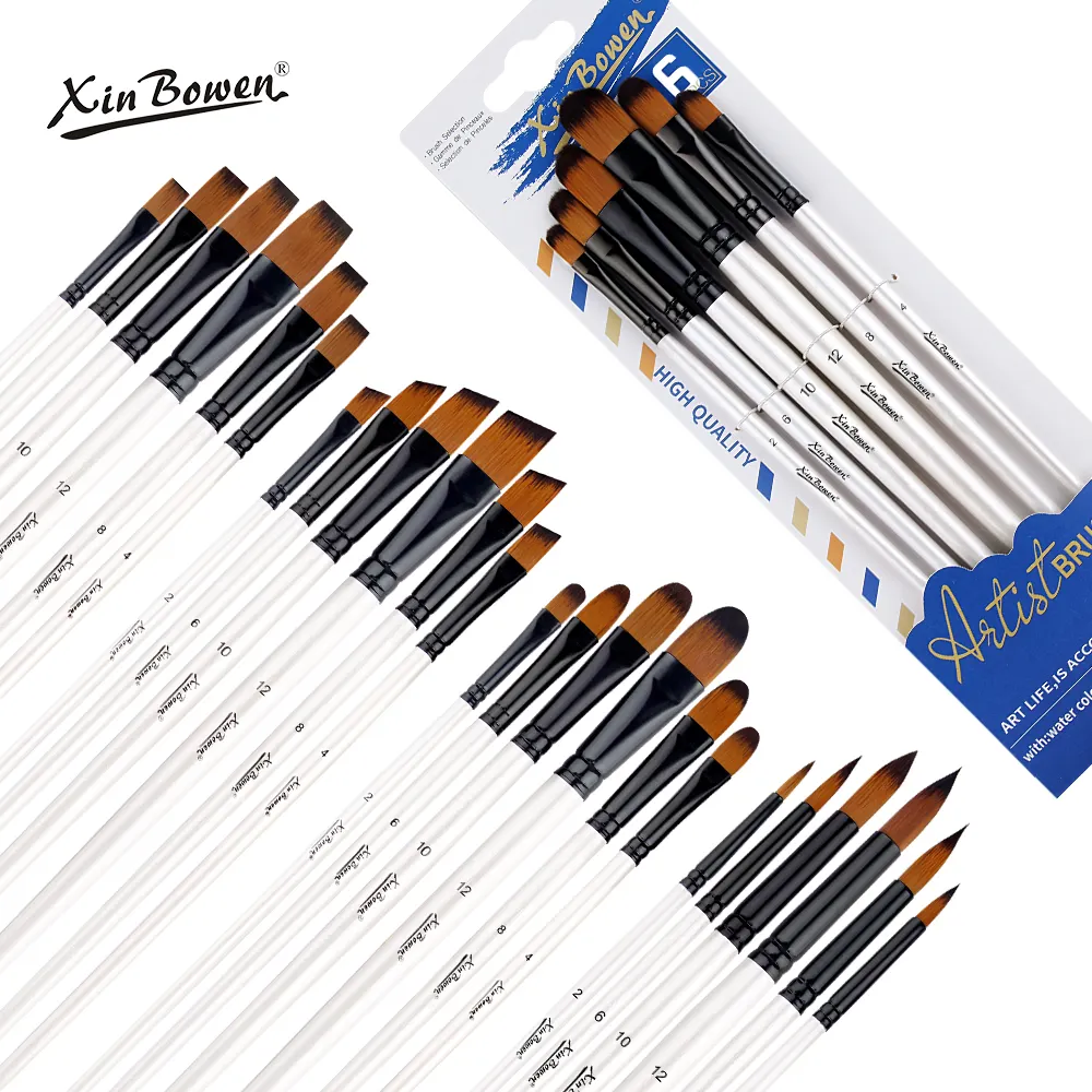 Xinbowen paintbrush 6pcs 진주 흰색 배럴 나일론 브러쉬 아크릴 페인트 브러쉬 아트 페인팅