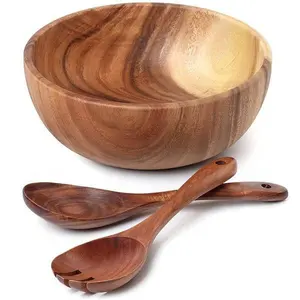 Large 8 inch 20 cm Solid Wood Salad Bowl with Spoon Suitable for Home Kitchen Acacia Wood Salad Bowl with Server