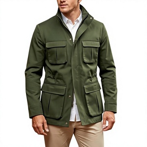 <b>Men's</b> Olive Green Fleece <b>Jacket</b> Stand Collar Zipper Closure Casual Regular Fit Autumn Waterproof Breathable Windproof <b>Canvas</b> - Product Image 1