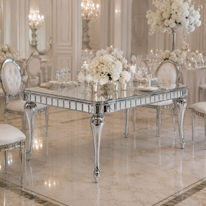 Elegante Mesa de Banquete Rectangular con Cubierta de Espejo de Acero Inoxidable Plateado y Patas Curvas para Bodas y Eventos, Venta al Por Mayor - Product Image 4
