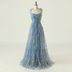 Gaun malam bordir bunga elegan tanpa lengan tali Spaghetti gaun malam manis pernikahan gaun <span class=keywords><strong>Prom</strong></span> pengiring pengantin - Product Image 2