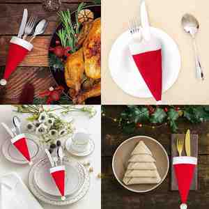 Ensemble de couteaux et fourchettes rouges avec bouteille de vin et 12 décorations de table de Noël en forme de chapeau - Product Image 2