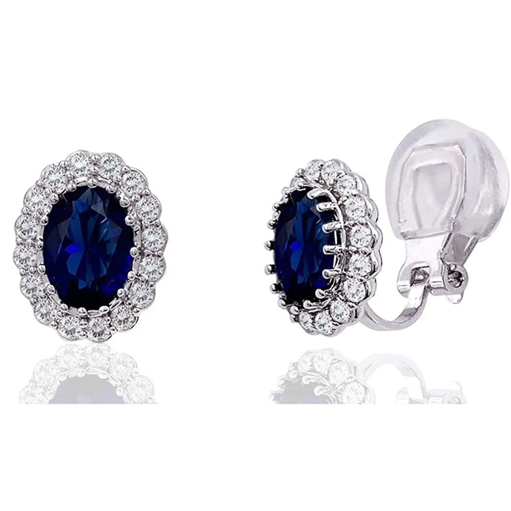 Blue Clip on Earrings Vintage Royal Style Wedding Oval Blue Cubic Zirconia CZ Stone Stud No Piercing Earrings for Women Wedding