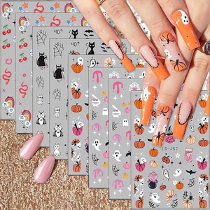 8 autocollants 3D mignons pour <span class=keywords><strong>ongles</strong></span> d'Halloween, motifs effrayants auto-adhésifs en papier, fournitures DIY pour <span class=keywords><strong>ongles</strong></span>, motifs <span class=keywords><strong>sorcière</strong></span>, toile d'araignée, chauve-souris, citrouille - Product Image 2