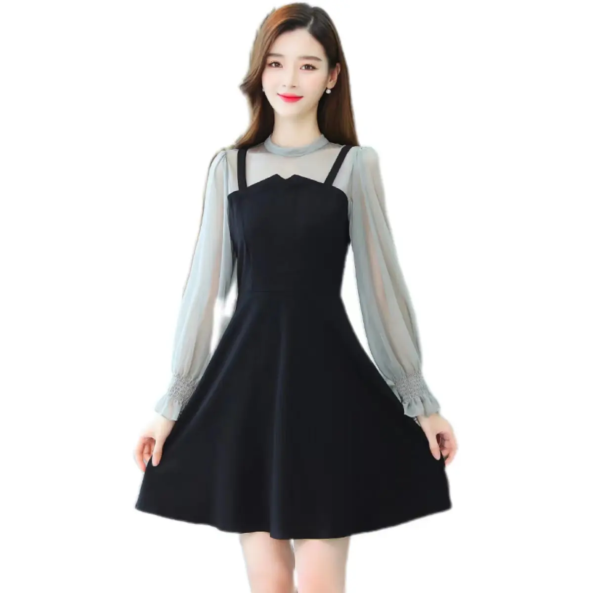 New Women Casual Dress Long Sleeve Sweetheart Clothes Knee Length Evening Dresses