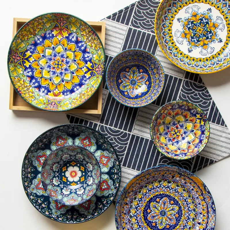 Bohemian style cheap price round deep plate and bowl 4.8 inch rice bowl dishes&plates ceramic plate dinnerware