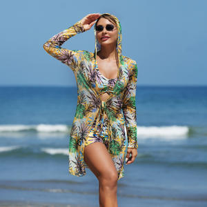 RUIQUWIN Conjunto de Bikini de Talle Alto XL para Mujer, Diseño Floral en la Parte Delantera, Manga Larga, Malla, Capucha, Traje de Baño para Playa, Ropa de Vacaciones - Product Image 2