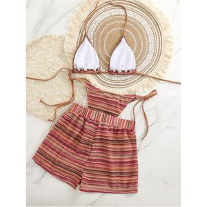 Women's 3 Piece Striped <b>Bikini</b> <b>Set</b> Halter <b>Triangle</b> Top With Shorts Vintage Swimwear Beachwear Stretch Spandex Polyester - Product Image 4