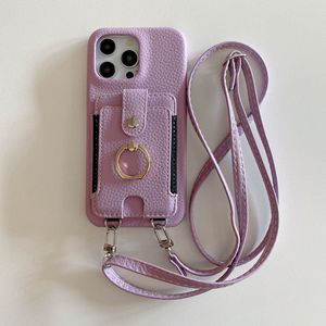 Funda de teléfono de cuero PU con estampado de Lychee con cordón de bolsillo de tarjeta de lujo para iPhone 16 15 14 Pro Max funda tipo billetera con soporte para anillo - Product Image 3