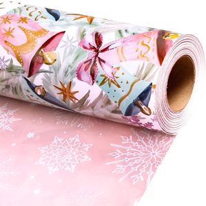 Papel de regalo navideño con diseño de árbol de Navidad en forma de campana, colorido, impreso por ambos lados con copos de nieve rosas, personalizable. - Product Image 5