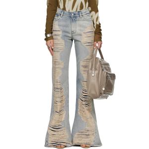 Custom Stylish <b>Flared</b> Denim <b>Jeans</b> Women High Waist Bell Bottom Blue Ripped Distressed <b>Jeans</b> Baggy Denim Bootcut <b>Jeans</b> - Product Image 1