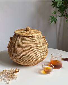 Vintage-Stil Großer Aufbewahrungskorb Runder Rattankorb Haushalt Gewebter Korb für Spielzeug Snacks Kleinteile mit Deckel - Product Image 4