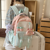 Sac à dos décontracté pour femme, bicolore bleu et rose, avec poche à boucle et breloque en peluche, vente en gros