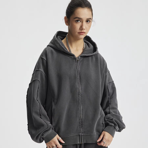Sweat à capuche unisexe automne-hiver en coton 100% uni, style streetwear, multi-déchirures, avec empiècements, teint en pièce, fermeture éclair, broderie 3D - Product Image 3