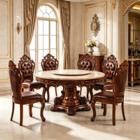 Ensemble de table à manger en marbre européen avec plateau tournant, chaises en bois massif sculptées à la main et revêtement en cuir PU, mobilier de salle à manger en gros