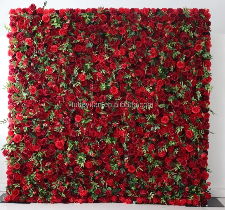 L04 8ft एक्स 8ft 3D 5D रोल अप कपड़े कपड़ा कृत्रिम फूल दीवार पृष्ठभूमि पैनल लाल कृत्रिम रेशम गुलाब का फूल दीवार शादी की सजावट
