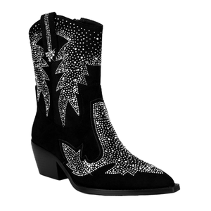 Botas Vaqueras de Mujer con Punta en Pico, Tacón Cuadrado, Cierre de Cremallera, Adornadas con Pedrería Negra, para Otoño - Product Image 1